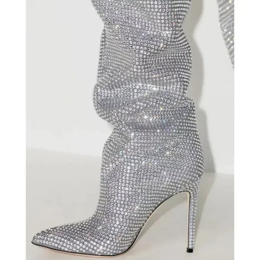 Botas hasta la rodilla con diamantes de imitación para mujer, botines de pasarela puntiagudos de tacón alto delgado, sexy, europeo y americano, alta calidad
