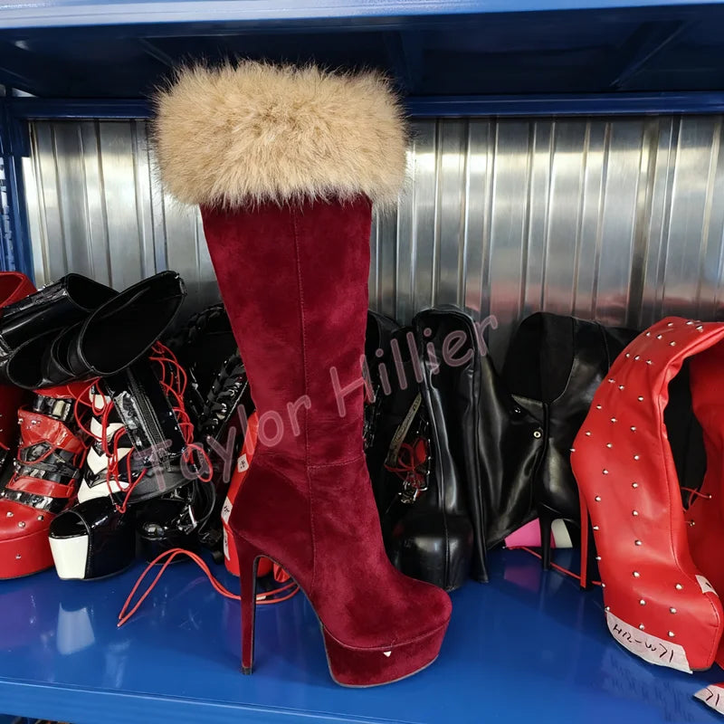 Zapatos de plataforma de piel de albaricoque para invierno, tacones de aguja con punta redonda, botas hasta la rodilla con cremallera lateral, botas de caballero elegantes para fiesta 46