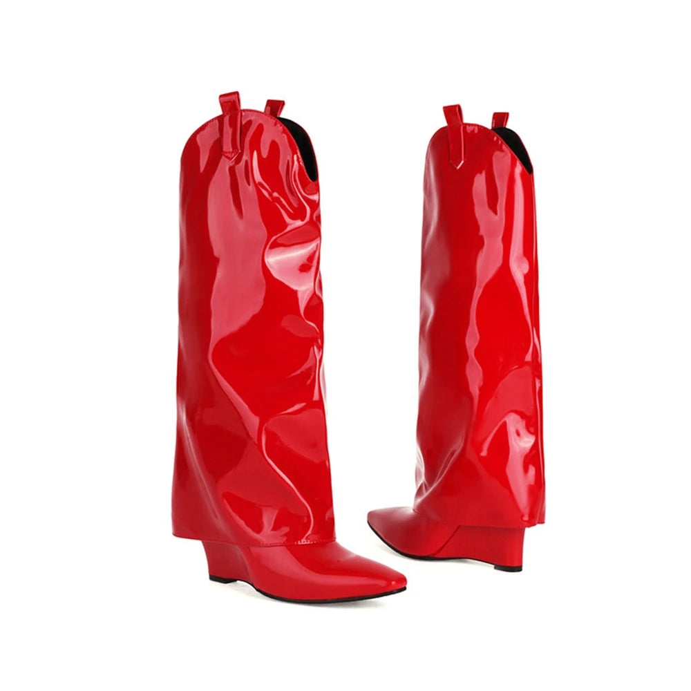 Botas De Mujer hasta la rodilla, Botas sexis a la moda con cuña y punta estrecha, Botas De caballero Retro negras y rojas, talla grande 44 45 61-2