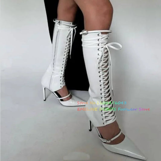 Botas blancas con punta puntiaguda y cordones hasta la rodilla para mujer, novedad de verano, sandalias sexis con hebilla hueca y tacón de aguja con cordones cruzados en la parte delantera