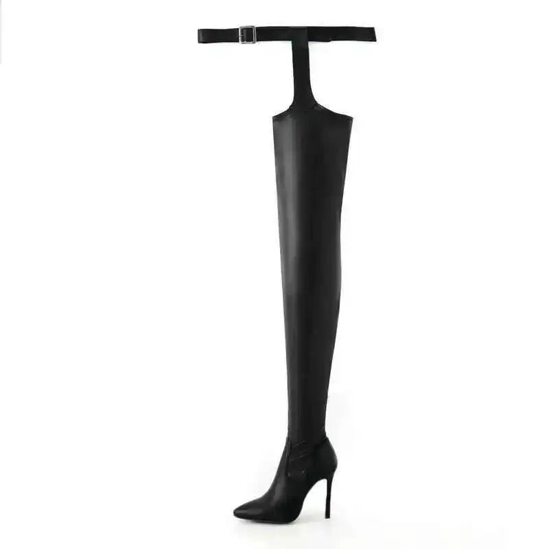 Botas altas hasta el muslo negras de talla grande 46, hebillas de cinturón sexis, tacón de aguja por encima de la rodilla, zapatos de mujer a la moda