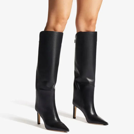 Botas altas por encima de la rodilla de talla grande para mujer, botas rectas de tacón de aguja puntiagudas, colores, estilo Simple, nuevo desfile de moda