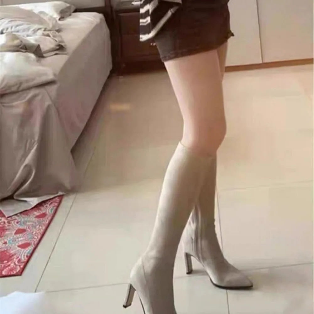 Botas altas con tacón de aguja de gamuza y punta puntiaguda, tacones altos antideslizantes y resistentes al desgaste con cremallera lateral, otoño