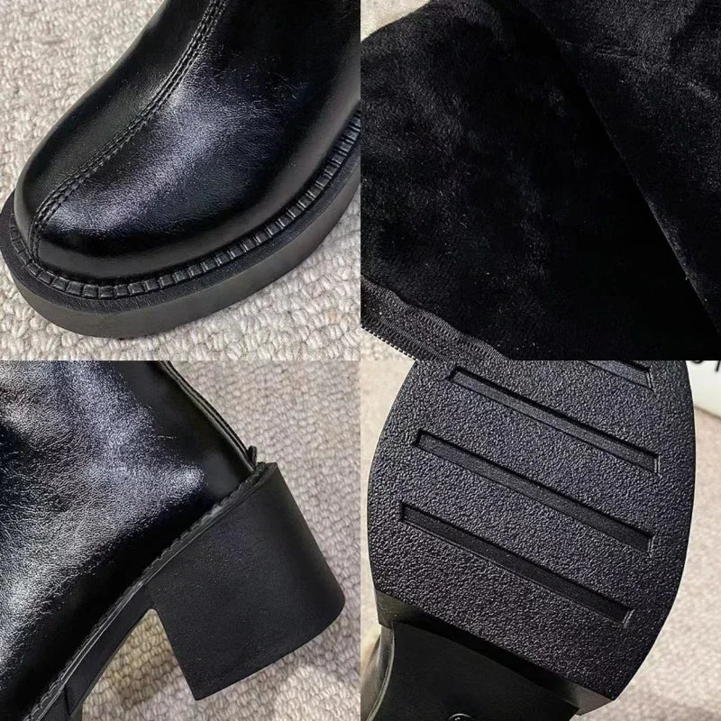 Botas Chelsea hasta la rodilla para Mujer, Botas que mantienen el calor, Botas de plataforma con cremallera de piel para Mujer, zapatos de Mujer con borde de felpa, nuevas Botas para Mujer