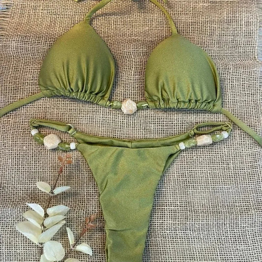 Bikinis triangulares de cintura baja para mujer, traje de baño liso dividido, traje de baño Sexy con realce, ropa de playa, microbañador brasileño
