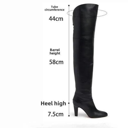 Botas de tacón alto grueso de piel de vaca para mujer, botas por encima de la rodilla a la moda, moda europea y americana, para caminar y banquetes, 2024