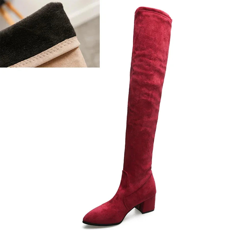 Botas altas hasta el muslo para mujer, zapatos por encima de la rodilla, Sexy, de tacón alto, color rojo y negro, invierno, 2023