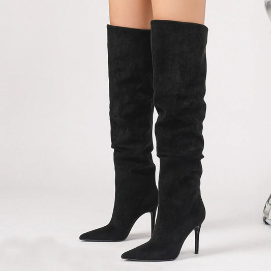 Liyke, botas por encima de la rodilla de gamuza plisada de invierno para Mujer, zapatos de pasarela de tacón fino con punta estrecha Retro marrón, botines largos de diseñador para Mujer