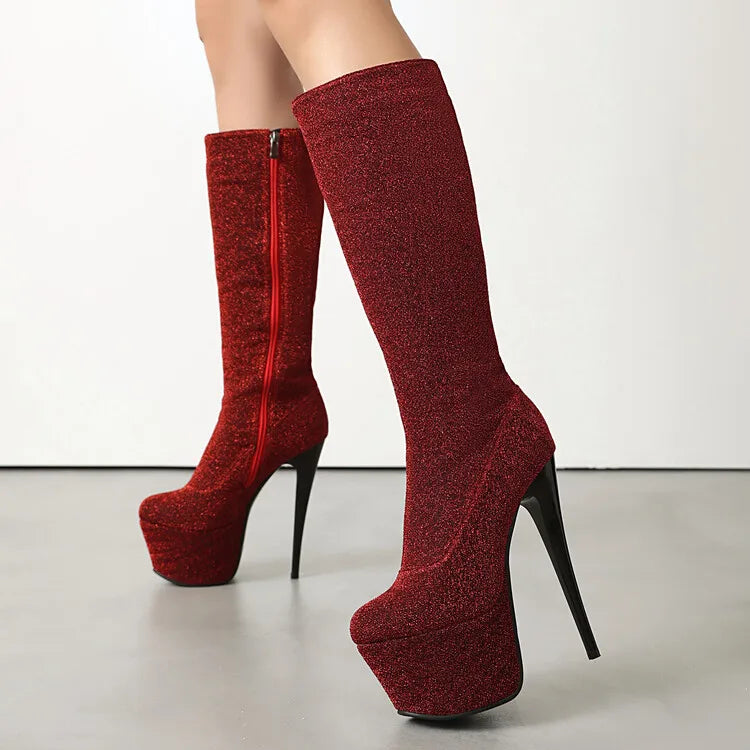 Botas hasta la rodilla con tacón alto de 16cm para mujer, botines sexys de Pole Dance, plataforma impermeable, cremallera lateral, cuero brillante, punta redonda, 35-45