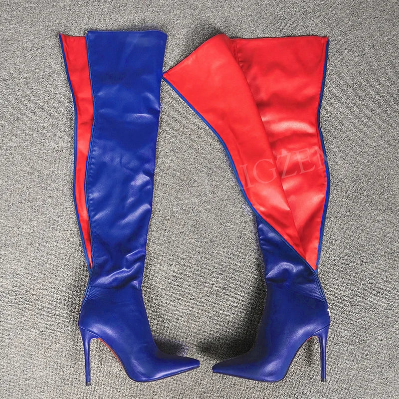 BERZIMER-Botas de tacón alto para mujer, botines por encima de la rodilla de 11CM-13CM, color burdeos, talla grande 43 44 47