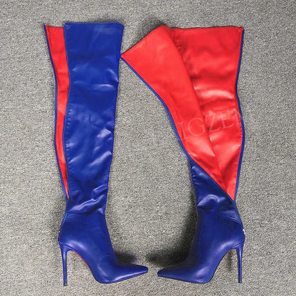 BERZIMER-Botas de tacón alto para mujer, botines por encima de la rodilla de 11CM-13CM, color burdeos, talla grande 43 44 47