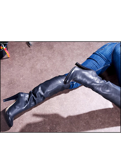 Botas hasta la rodilla con tacón grueso y de cuero de vaca