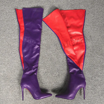 BERZIMER-Botas de tacón alto para mujer, botines por encima de la rodilla de 11CM-13CM, color burdeos, talla grande 43 44 47