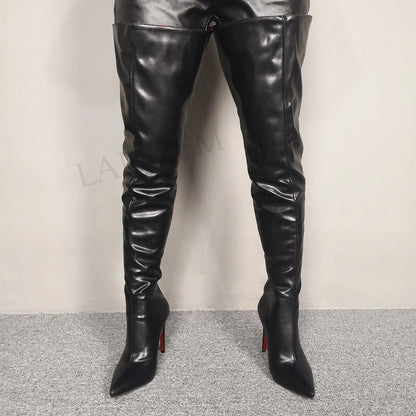 BERZIMER-Botas de tacón alto para mujer, botines por encima de la rodilla de 11CM-13CM, color burdeos, talla grande 43 44 47