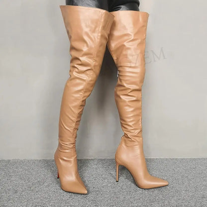 BERZIMER-Botas de tacón alto para mujer, botines por encima de la rodilla de 11CM-13CM, color burdeos, talla grande 43 44 47