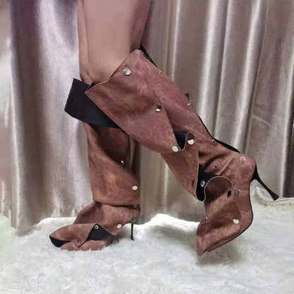 Women's New Pointed Super High Heel Back Zipper Decal Denim Fabric Personalized Knee Long Boots