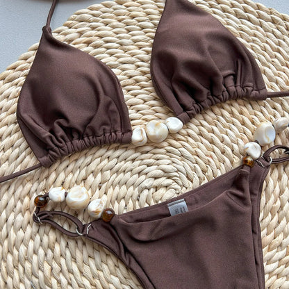 2025 nuevo bikini sexy bikini color sólido traje de baño dividido para mujer