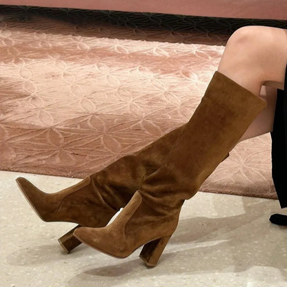Botas de mujer, Botas informales de piel de ante de alta calidad, Botas de diseño plisado apiladas para mujer, Botas hasta la rodilla con punta estrecha a la moda