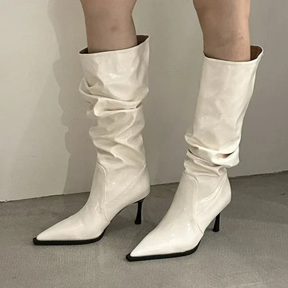Botas altas de cuero para Mujer, zapatos sexis de tacón alto con punta puntiaguda, Botas Chelsea de fiesta a la moda para Mujer, Botas de nieve nuevas para Mujer