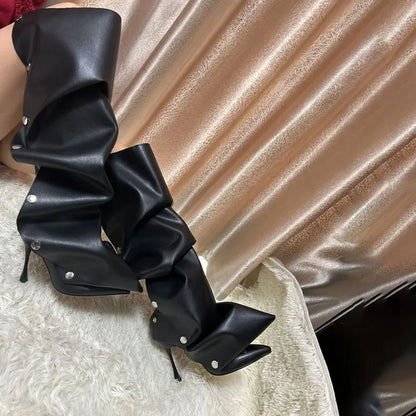 Women's New Pointed Super High Heel Back Zipper Decal Denim Fabric Personalized Knee Long Boots