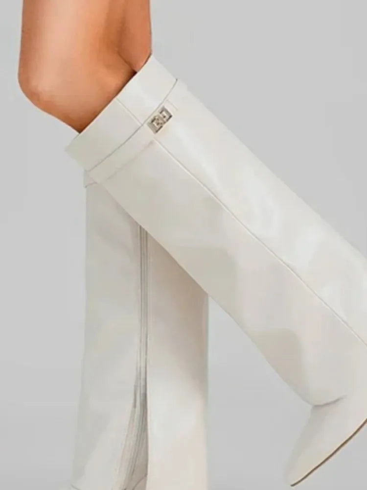 Nuevas botas de mujer hasta la rodilla con hebilla de Metal puntiaguda