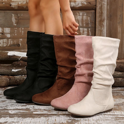 Gran oferta de Botas para Mujer con cremallera lateral, Botas a media pantorrilla, Botas planas de ante de tendencia para Mujer, zapatos de Mujer de talla grande de lujo, Botas de Mujer de alta calidad
