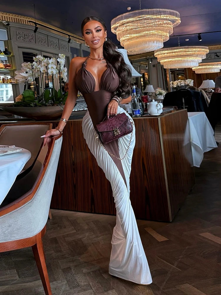 Vestido largo elegante fruncido para mujer