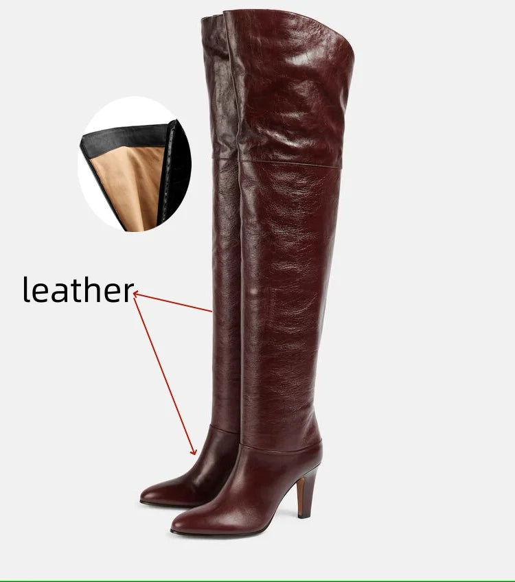 Botas de tacón alto grueso de piel de vaca para mujer, botas por encima de la rodilla a la moda, moda europea y americana, para caminar y banquetes, 2024