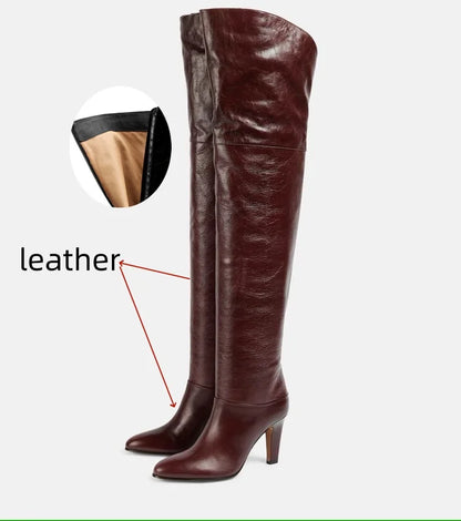 Botas de tacón alto grueso de piel de vaca para mujer, botas por encima de la rodilla a la moda, moda europea y americana, para caminar y banquetes, 2024