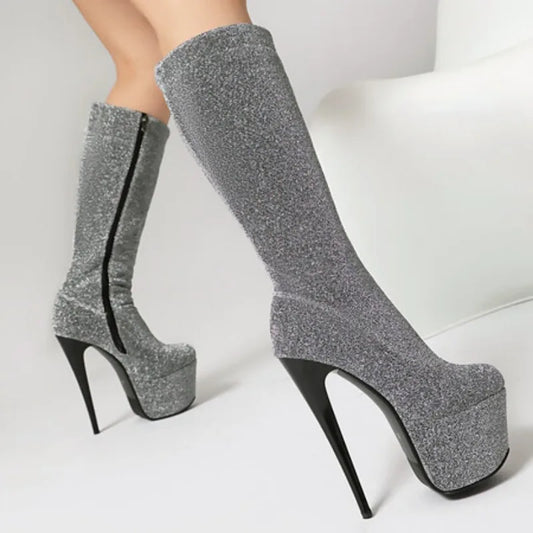 Botas hasta la rodilla con tacón alto de 16cm para mujer, botines sexys de Pole Dance, plataforma impermeable, cremallera lateral, cuero brillante, punta redonda, 35-45