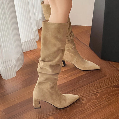 Tacones altos para Mujer, Botas altas de gamuza con punta estrecha, zapatos de moda, vestido de diseñador, zapatos de tacón para Mujer, Botas Chelsea de lujo para invierno 2025