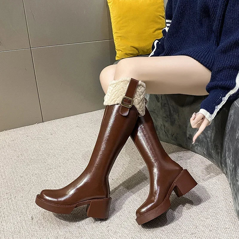 Botas Chelsea hasta la rodilla para Mujer, Botas que mantienen el calor, Botas de plataforma con cremallera de piel para Mujer, zapatos de Mujer con borde de felpa, nuevas Botas para Mujer