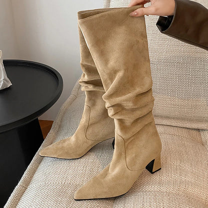 Tacones altos para Mujer, Botas altas de gamuza con punta estrecha, zapatos de moda, vestido de diseñador, zapatos de tacón para Mujer, Botas Chelsea de lujo para invierno 2025