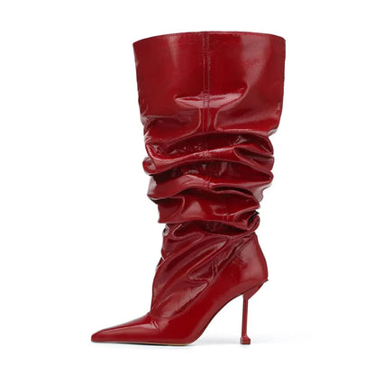 Arden Furtado 2025 Botas tubulares grandes plisadas Punta puntiaguda Tacones de aguja sexy Botas hasta la rodilla Botas modernas de gran tamaño