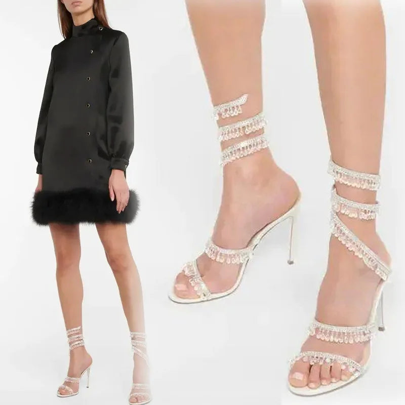 Sandalias de tacón alto para mujer con flecos de diamantes de imitación