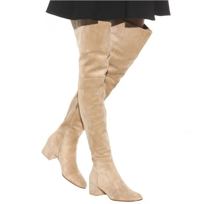 Botas De moda por encima De la rodilla nuevas De invierno, botas De ante De lana Artificial De tacón medio con cabeza redonda, Zapatos De Mujer negros