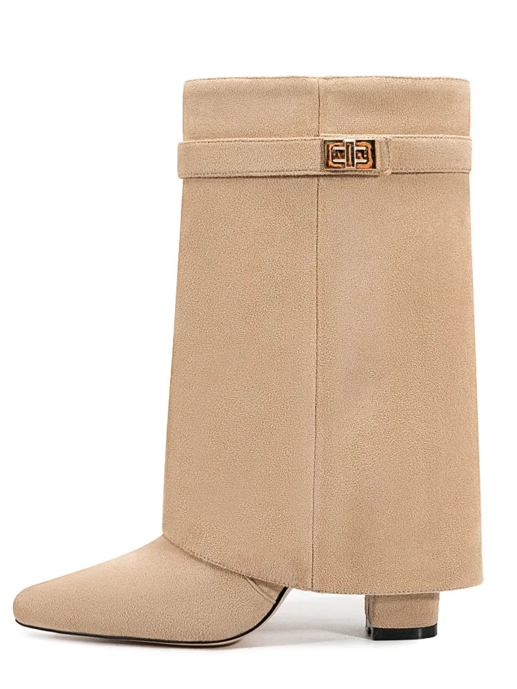 Nuevas botas de mujer hasta la rodilla con hebilla de Metal puntiaguda