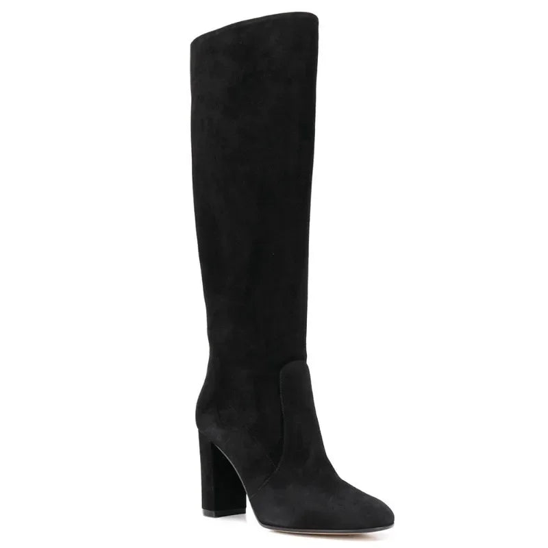 Botas de mujer, Botas informales de piel de ante de alta calidad, Botas de diseño plisado apiladas para mujer, Botas hasta la rodilla con punta estrecha a la moda