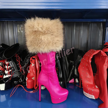 Zapatos de plataforma de piel de albaricoque para invierno, tacones de aguja con punta redonda, botas hasta la rodilla con cremallera lateral, botas de caballero elegantes para fiesta 46