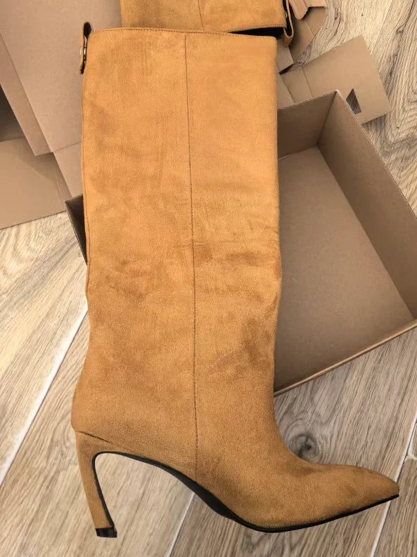 Botas de tacón de 8 cm, tubo recto puntiagudo y puntiagudo, hermosos tacones alienígenos, pantalones hasta la rodilla, botas sexis de moda para mujer, botas para mujer