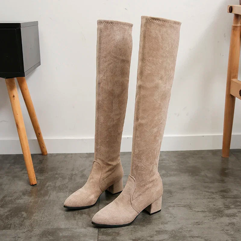 Botas altas hasta el muslo para mujer, zapatos por encima de la rodilla, Sexy, de tacón alto, color rojo y negro, invierno, 2023