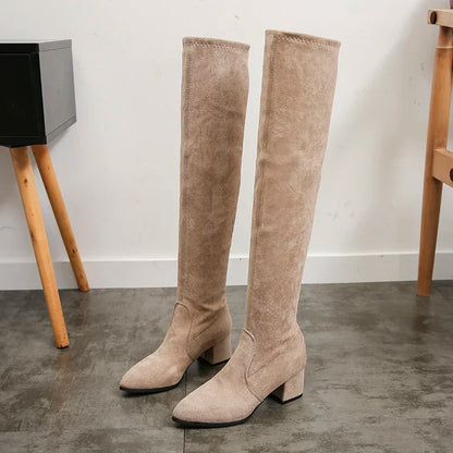 Botas altas hasta el muslo para mujer, zapatos por encima de la rodilla, Sexy, de tacón alto, color rojo y negro, invierno, 2023