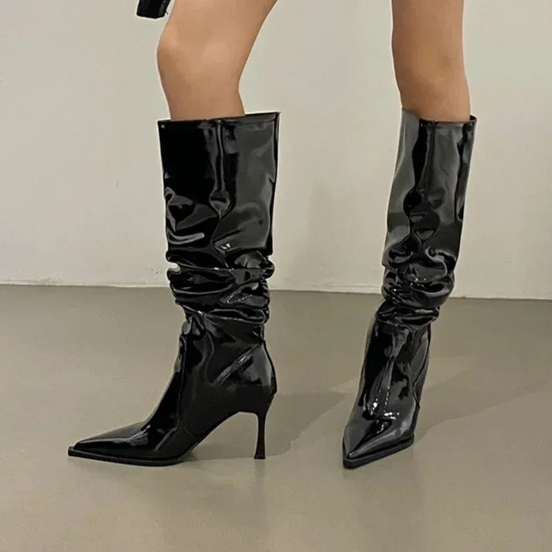 Botas altas de cuero para Mujer, zapatos sexis de tacón alto con punta puntiaguda, Botas Chelsea de fiesta a la moda para Mujer, Botas de nieve nuevas para Mujer