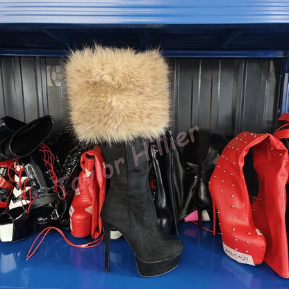 Zapatos de plataforma de piel de albaricoque para invierno, tacones de aguja con punta redonda, botas hasta la rodilla con cremallera lateral, botas de caballero elegantes para fiesta 46