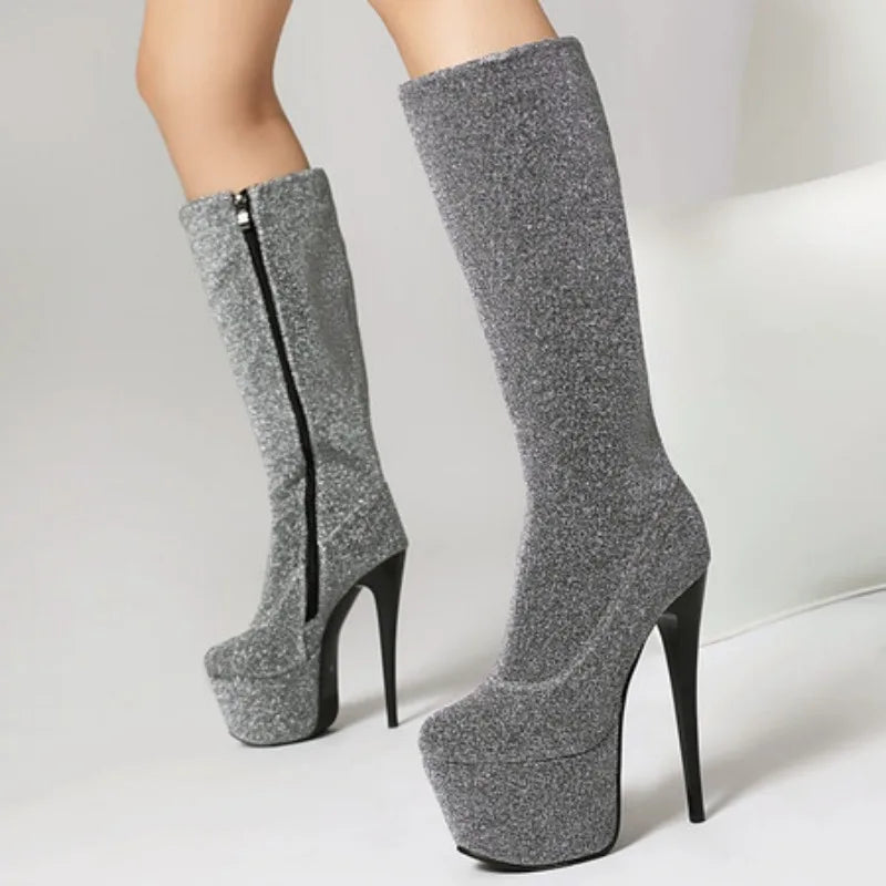 Botas hasta la rodilla con tacón alto de 16cm para mujer, botines sexys de Pole Dance, plataforma impermeable, cremallera lateral, cuero brillante, punta redonda, 35-45