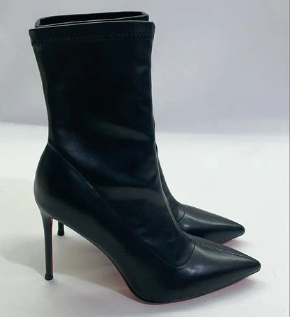 Botas de Mujer con suela roja de cuero negro, Botas elásticas sin cordones con punta puntiaguda, tendencia 2025, tacones altos de aguja de 8 y 10cm