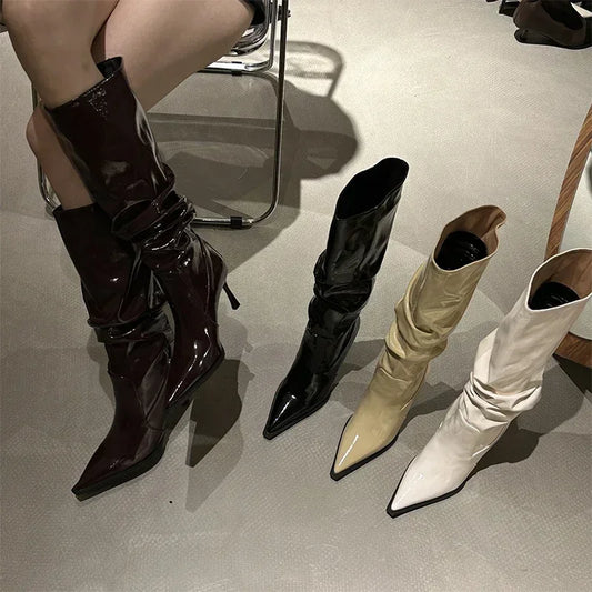 Botas altas de cuero para Mujer, zapatos sexis de tacón alto con punta puntiaguda, Botas Chelsea de fiesta a la moda para Mujer, Botas de nieve nuevas para Mujer