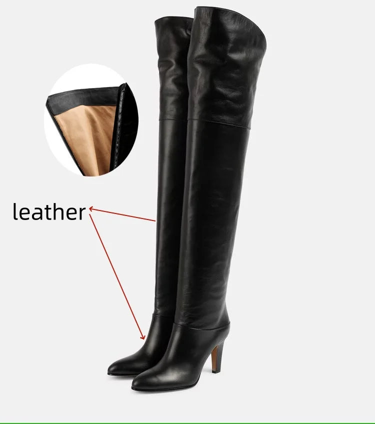 Botas de tacón alto grueso de piel de vaca para mujer, botas por encima de la rodilla a la moda, moda europea y americana, para caminar y banquetes, 2024
