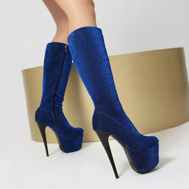 Botas hasta la rodilla con tacón alto de 16cm para mujer, botines sexys de Pole Dance, plataforma impermeable, cremallera lateral, cuero brillante, punta redonda, 35-45