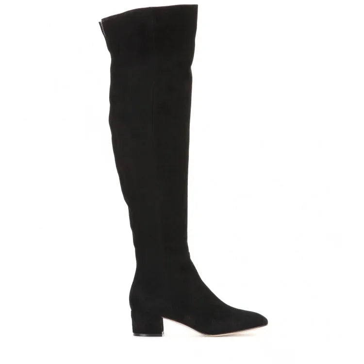 Botas De moda por encima De la rodilla nuevas De invierno, botas De ante De lana Artificial De tacón medio con cabeza redonda, Zapatos De Mujer negros